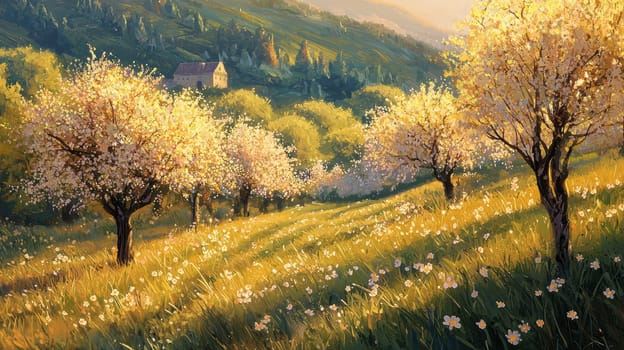 A picturesque hillside orchard features flowering trees amidst fresh green grass, bathed in warm sunlight. the tranquil setting, with blossoms and gentle slopes, evokes a rural springtime atmosphere, perfect for nature or seasonal designs.