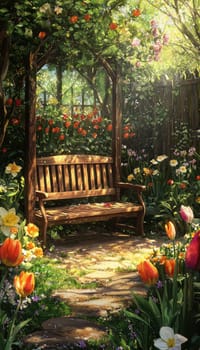 A serene garden setting featuring a wooden bench enveloped by colorful tulips, daffodils, and lush greenery. soft sunlight filters through the trees, creating a peaceful ambiance perfect for relaxation and enjoying the vibrant spring bloom.