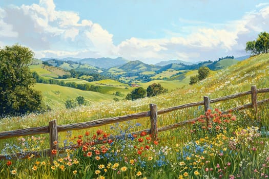 A serene spring landscape featuring a rustic fence with vibrant wildflowers against green rolling hills and a clear sky. the scene essence of tranquility and nature's beauty, perfect for invoking peace and freshness.