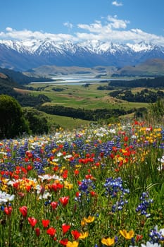 Scenic view of a vibrant valley filled with colorful spring wildflowers, set against majestic snow-capped mountains. the bright blue sky enhances the refreshing and serene ambience, ideal for a seasonal landscape backdrop.