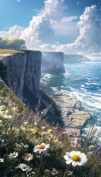 Scenic view of a coastal landscape during spring, featuring cliffs adorned with vibrant wildflowers, gentle ocean waves, and a bright azure sky. ideal for nature-themed posters, backgrounds, and designs reflecting tranquility and beauty.