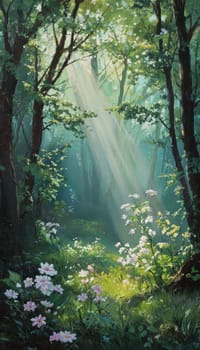 Sunlight streams through tree branches, casting ethereal rays over a forest scene in spring. vibrant wildflowers bloom amid fresh green leaves, creating a serene and enchanting atmosphere, perfect for capturing nature's tranquility.