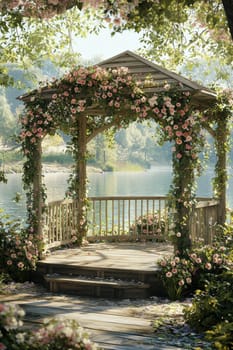 A picturesque riverside gazebo adorned with spring flowers and lush greenery overlooks a tranquil lake. sunlight gently reflects off the water, creating a serene and romantic atmosphere, perfect for a peaceful and idyllic backdrop.