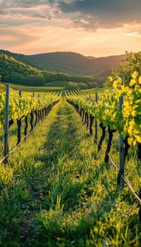 A serene spring sunrise bathes a vineyard in soft light, rows of budding vines. lush green hills form a picturesque backdrop, creating a tranquil and rustic ambiance perfect for designs focused on nature and serenity.
