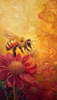 A close-up shot of a honeybee collecting pollen from a vibrant spring flower. the scene is bathed in soft, golden sunlight, the bee's delicate wings and the blossom's petals, making it perfect for a lively nature-inspired background.