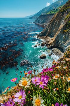 A scenic coastal cliff adorned with colorful wildflowers overlooking a clear blue ocean. gentle waves lap against the rocks, creating a refreshing and adventurous seaside atmosphere ideal for backgrounds and designs.