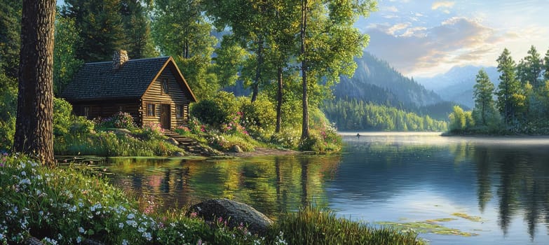 A serene lakeside cabin surrounded by vibrant green foliage and wildflowers reflects in calm waters under a clear sky. the peaceful atmosphere, enhanced by gentle morning light, invites relaxation and connection with nature.