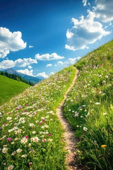 Wildflower-covered hillside with a small winding trail leading into the distance. bright blue sky and sunlight create warm, inviting tones. ideal as an adventure-filled spring scene for design use in posters or greeting cards.