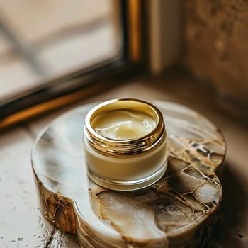 Cosmetic cream in a glass jar. Skin care concept. Background for beauty products