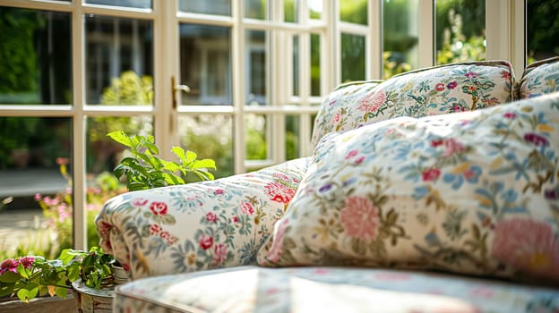 Colorful pillows on sofa against glass wall of window in a winter garden or conservatory. Interior textile concept. High quality photo
