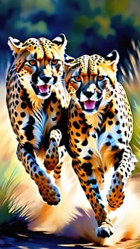 Dynamic Cheetahs in Full Sprint.Two cheetahs in full sprint, showcasing their incredible speed and agility. The cheetahs are depicted with vivid colors and sharp details, emphasizing their muscular build and distinctive spotted coats. The background is a blur of colors, suggesting the high speed at which these magnificent animals are moving. This image is perfect for illustrating the grace and power of wildlife in motion.