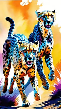 Dynamic Cheetahs in Full Sprint.Two cheetahs in full sprint, showcasing their incredible speed and agility. The cheetahs are depicted with vivid colors and sharp details, emphasizing their muscular build and distinctive spotted coats. The background is a blur of colors, suggesting the high speed at which these magnificent animals are moving. This image is perfect for illustrating the grace and power of wildlife in motion.