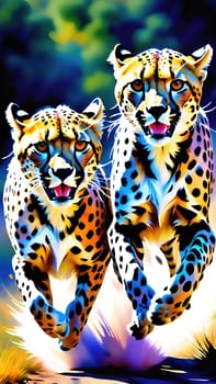 Dynamic Cheetahs in Full Sprint.Two cheetahs in full sprint, showcasing their incredible speed and agility. The cheetahs are depicted with vivid colors and sharp details, emphasizing their muscular build and distinctive spotted coats. The background is a blur of colors, suggesting the high speed at which these magnificent animals are moving. This image is perfect for illustrating the grace and power of wildlife in motion.