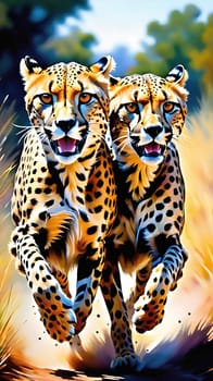 Dynamic Cheetahs in Full Sprint.Two cheetahs in full sprint, showcasing their incredible speed and agility. The cheetahs are depicted with vivid colors and sharp details, emphasizing their muscular build and distinctive spotted coats. The background is a blur of colors, suggesting the high speed at which these magnificent animals are moving. This image is perfect for illustrating the grace and power of wildlife in motion.