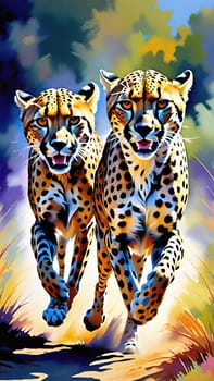 Dynamic Cheetahs in Full Sprint.Two cheetahs in full sprint, showcasing their incredible speed and agility. The cheetahs are depicted with vivid colors and sharp details, emphasizing their muscular build and distinctive spotted coats. The background is a blur of colors, suggesting the high speed at which these magnificent animals are moving. This image is perfect for illustrating the grace and power of wildlife in motion.