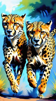 Dynamic Cheetahs in Full Sprint.Two cheetahs in full sprint, showcasing their incredible speed and agility. The cheetahs are depicted with vivid colors and sharp details, emphasizing their muscular build and distinctive spotted coats. The background is a blur of colors, suggesting the high speed at which these magnificent animals are moving. This image is perfect for illustrating the grace and power of wildlife in motion.