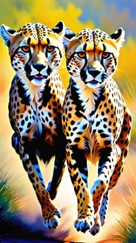 Dynamic Cheetahs in Full Sprint.Two cheetahs in full sprint, showcasing their incredible speed and agility. The cheetahs are depicted with vivid colors and sharp details, emphasizing their muscular build and distinctive spotted coats. The background is a blur of colors, suggesting the high speed at which these magnificent animals are moving. This image is perfect for illustrating the grace and power of wildlife in motion.