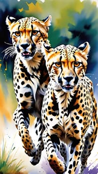 Dynamic Cheetahs in Full Sprint.Two cheetahs in full sprint, showcasing their incredible speed and agility. The cheetahs are depicted with vivid colors and sharp details, emphasizing their muscular build and distinctive spotted coats. The background is a blur of colors, suggesting the high speed at which these magnificent animals are moving. This image is perfect for illustrating the grace and power of wildlife in motion.