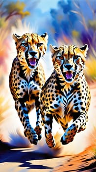 Dynamic Cheetahs in Full Sprint.Two cheetahs in full sprint, showcasing their incredible speed and agility. The cheetahs are depicted with vivid colors and sharp details, emphasizing their muscular build and distinctive spotted coats. The background is a blur of colors, suggesting the high speed at which these magnificent animals are moving. This image is perfect for illustrating the grace and power of wildlife in motion.