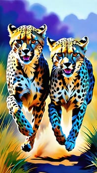 Dynamic Cheetahs in Full Sprint.Two cheetahs in full sprint, showcasing their incredible speed and agility. The cheetahs are depicted with vivid colors and sharp details, emphasizing their muscular build and distinctive spotted coats. The background is a blur of colors, suggesting the high speed at which these magnificent animals are moving. This image is perfect for illustrating the grace and power of wildlife in motion.