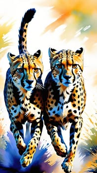 Dynamic Cheetahs in Full Sprint.Two cheetahs in full sprint, showcasing their incredible speed and agility. The cheetahs are depicted with vivid colors and sharp details, emphasizing their muscular build and distinctive spotted coats. The background is a blur of colors, suggesting the high speed at which these magnificent animals are moving. This image is perfect for illustrating the grace and power of wildlife in motion.
