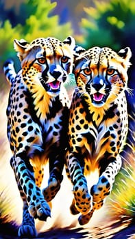 Dynamic Cheetahs in Full Sprint.Two cheetahs in full sprint, showcasing their incredible speed and agility. The cheetahs are depicted with vivid colors and sharp details, emphasizing their muscular build and distinctive spotted coats. The background is a blur of colors, suggesting the high speed at which these magnificent animals are moving. This image is perfect for illustrating the grace and power of wildlife in motion.