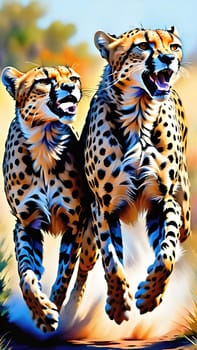 Dynamic Cheetahs in Full Sprint.Two cheetahs in full sprint, showcasing their incredible speed and agility. The cheetahs are depicted with vivid colors and sharp details, emphasizing their muscular build and distinctive spotted coats. The background is a blur of colors, suggesting the high speed at which these magnificent animals are moving. This image is perfect for illustrating the grace and power of wildlife in motion.
