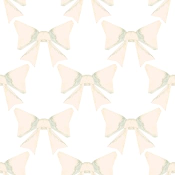 Seamless pattern of white bows. Pattern for textiles, women's dresses and blouses, wrapping paper, packaging, boxes in a feminine and romantic style. Watercolor hand drawn in vintage style