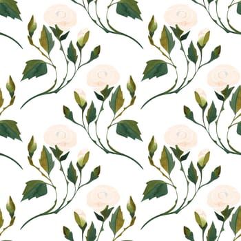 Seamless pattern of white roses. Floral pattern for textiles, women's dress and blouse, wrapping paper, packaging, boxes in feminine and romantic style. Watercolor hand drawn in vintage style