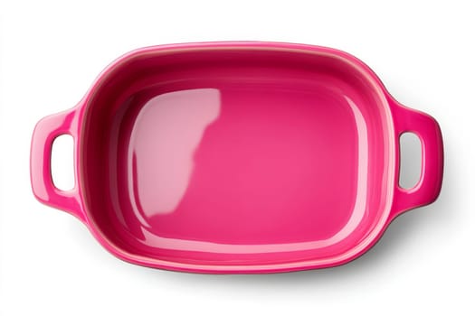 Bright pink ceramic rectangular baking dish with ribbed handles, isolated on a white background, showcasing modern kitchenware for cooking and baking..