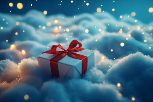 Dreamy Christmas Gift Box with Red Ribbon on Fluffy Clouds. High quality illustration