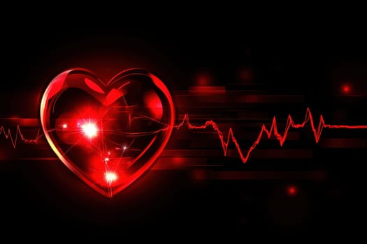 A radiant heart emitting a warm red glow, with an animated ECG line pulsating through its center, illuminating a deep black backdrop with soft light gradients..