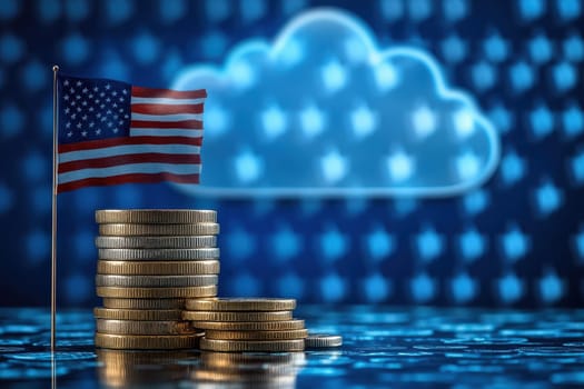Blue glowing cloud computing with USA Flag icon on a pile of gold coins against blue blurred background..