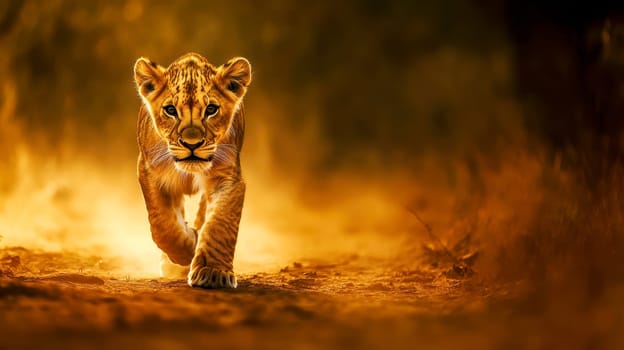 A adorable big lion cub walks across a dry grass field, gazing at the camera with an alert expression..