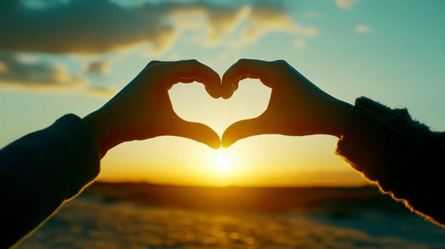 Two hands create a heart shape against a beautiful sunset background in a field of flowers, Couple making heart with hands..