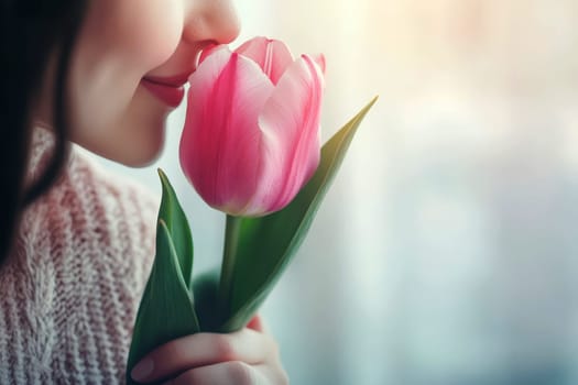 A single tulip held by a woman providing for text or design, viewed from above. image with copy space.