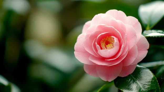 camellia pink flowers sunny morning natural light for copy text space in valentine concept..