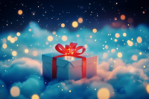 Dreamy Christmas Gift Box with Red Ribbon on Fluffy Clouds..