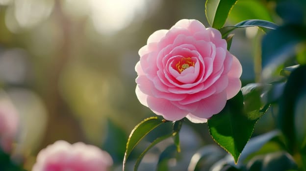 camellia pink flowers sunny morning natural light for copy text space in valentine concept..