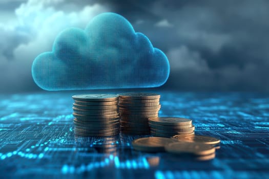 Blue glowing cloud computing icon on a pile of gold coins against blue blurred background..