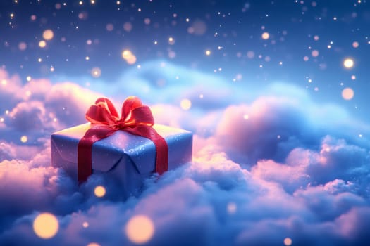 Dreamy Christmas Gift Box with Red Ribbon on Fluffy Clouds..