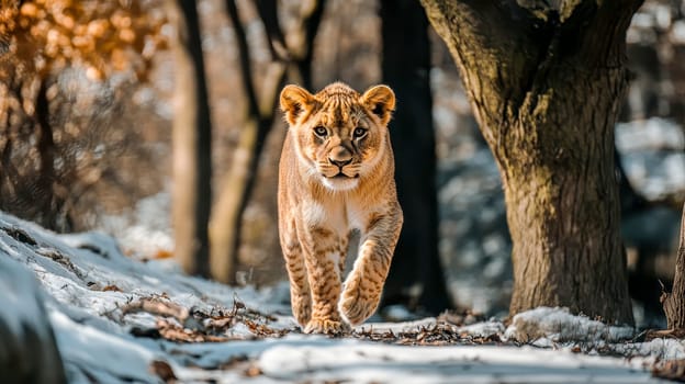 A adorable big lion cub walks across a dry grass field, gazing at the camera with an alert expression..