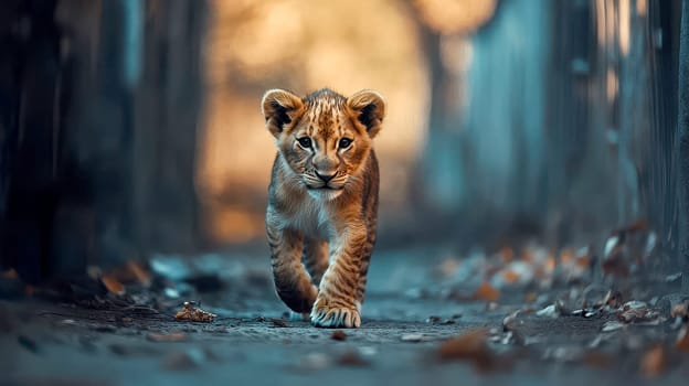 A adorable big lion cub walks across a dry grass field, gazing at the camera with an alert expression. High quality illustration