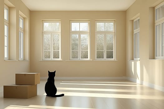 New empty apartment with cardboard boxes and a black cat