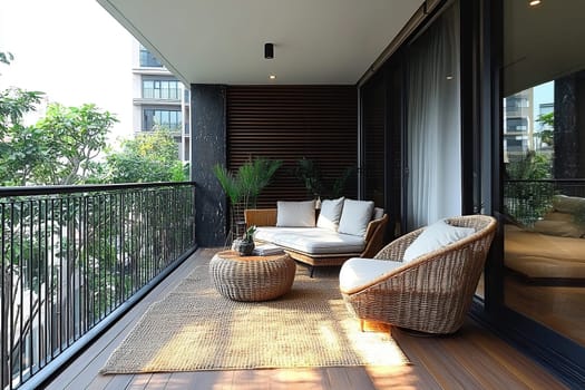 Terrace balcony in a multi-storey building with a recreation area and a view of the city landscape.
