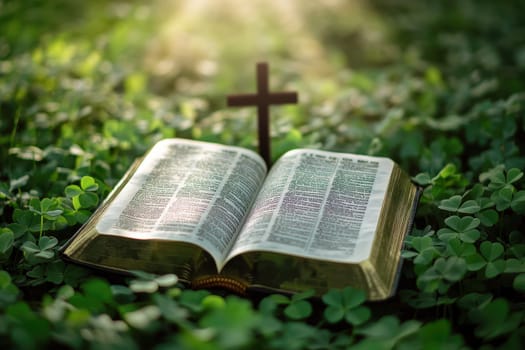 open bible book, a cross lying on the middle of green clover leaves grass, clear, hd , little sun light flare on background --ar 3:2 --v 6.1 Job ID: 66b5f8cb-0425-4020-90af-94acf89e50ab