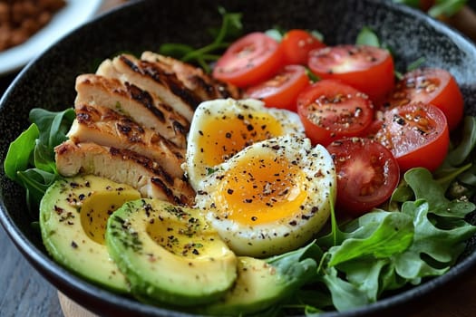 The bowl is filled with meat, avocado, tomatoes and greens. Healthy food concept.