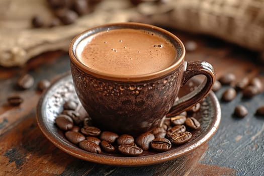 Clay coffee cup with saucer and hot aromatic coffee. Eastern coffee traditions.