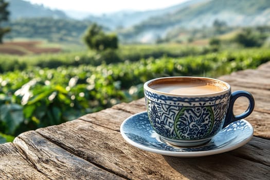 Traditional Eastern Turk with hot coffee on a wooden table overlooking the coffee field