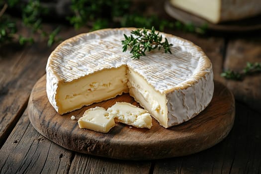 Camembert cheese on a wooden cutting board with a sprig of rosemary on an old wooden background.